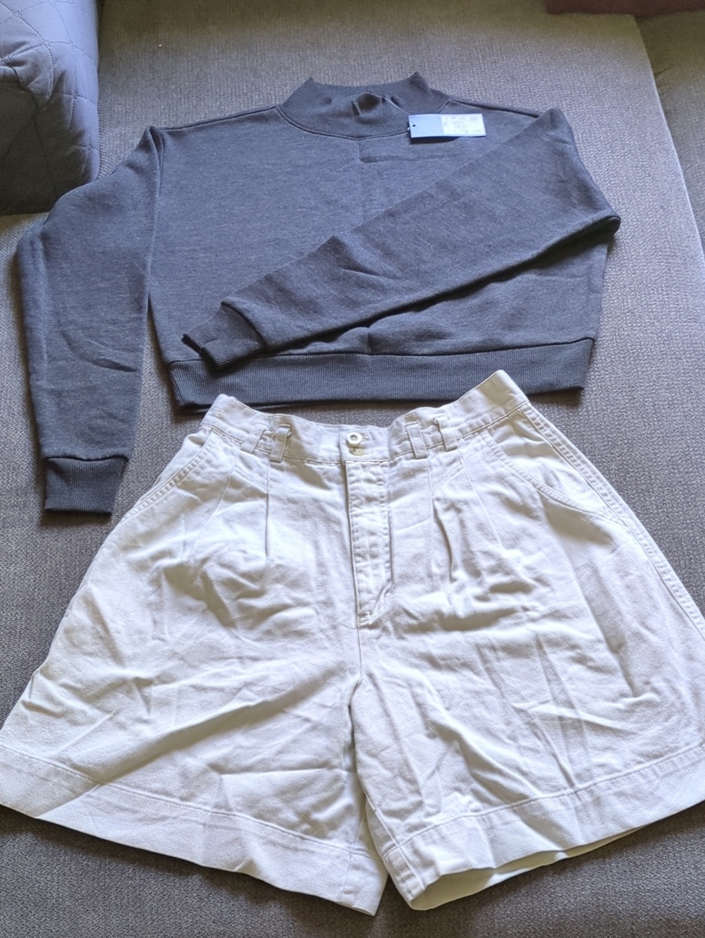 Cropped Gray Mock Neck Sweatshirt & Cream High-Waist Shorts Set